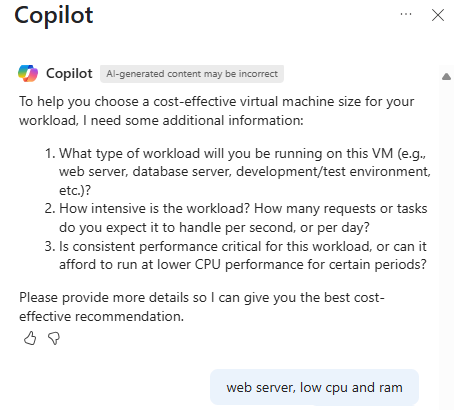 屏幕截图显示了 Microsoft Azure Copilot 请求有关帮助确定合适的 VM 大小的详细信息。