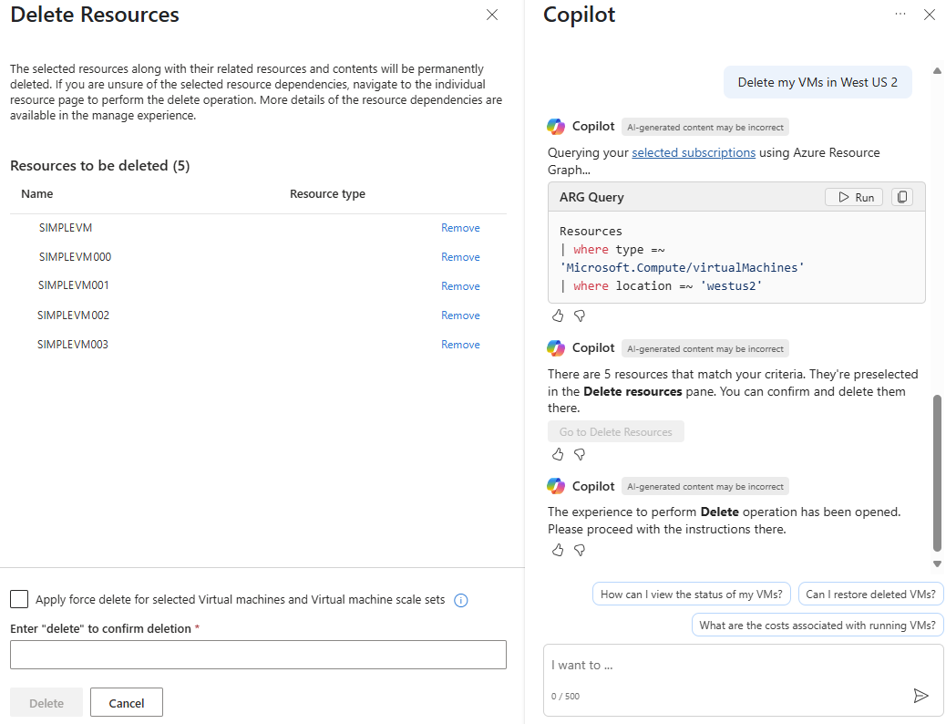 Azure Copilot 对删除 VM 的请求做出响应的屏幕截图。