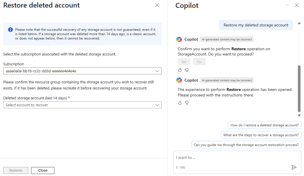 Microsoft Azure Copilot 对还原已删除的存储帐户的请求做出响应的屏幕截图。
