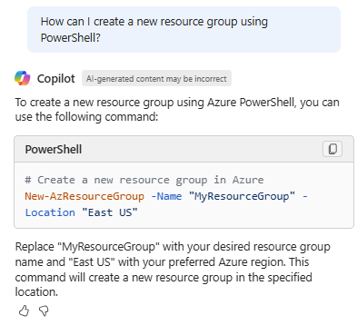 Copilot in Azure 的屏幕截图，其中提供了用于新建资源组的 PowerShell cmdlet。