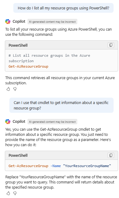 Microsoft Copilot in Azure 的屏幕截图，其中提供了用于列出资源组的 PowerShell cmdlet。