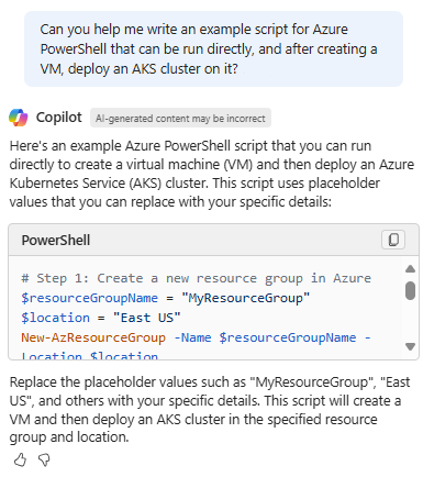 Copilot in Azure 的屏幕截图，其中提供了一个用于创建 VM 并部署 AKS 群集的 PowerShell 脚本。
