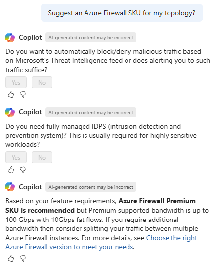 Azure 中 Copilot 的屏幕截图，其中建议了适合我的拓扑的 Azure 防火墙 SKU。