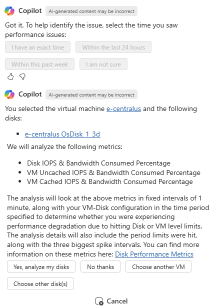 Microsoft Azure Copilot 准备运行关于磁盘性能缓慢的分析的屏幕截图。