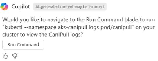 Copilot in Azure 提示打开“运行命令”窗格的屏幕截图。