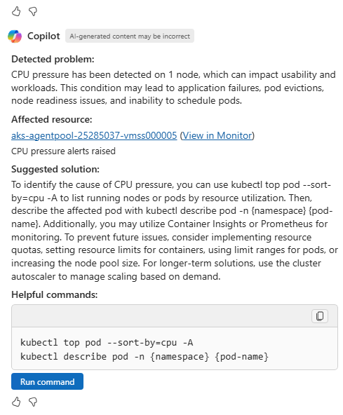 Azure 中 Copilot 的屏幕截图，其中提供了有关 CPU 压力问题的更多详细信息。