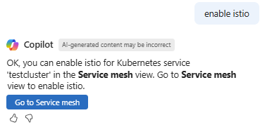 屏幕截图显示 Microsoft Copilot in Azure 帮助在 AKS 群集上部署 Istio。
