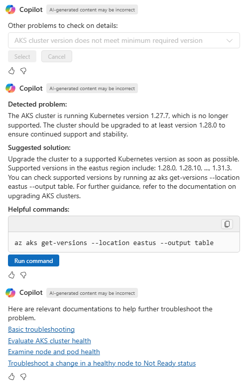 Azure 中 Copilot 的屏幕截图，其中提供了有关 Kubernetes 版本问题的更多详细信息。