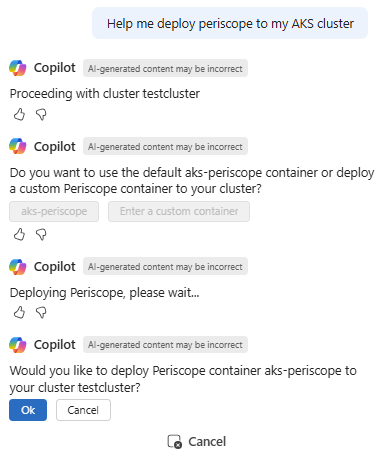 Copilot in Azure 提示在将 Periscope 部署到群集之前进行确认的屏幕截图。