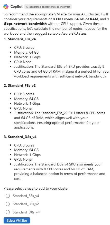 Azure 中 Copilot 的屏幕截图，其中提供了针对新 AKS 群集的相应 VM 大小的建议。