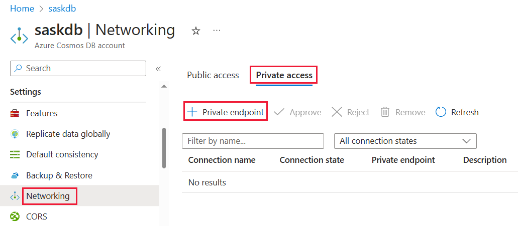 屏幕截图显示用于在 Azure 门户中创建专用终结点的选择