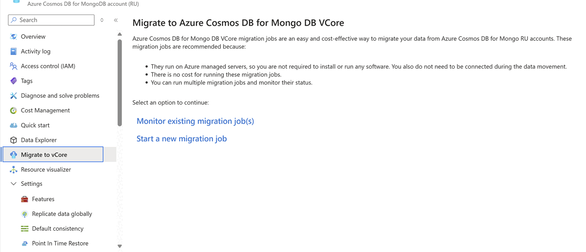 迁移到 vCore 工作流中的主页的屏幕截图。