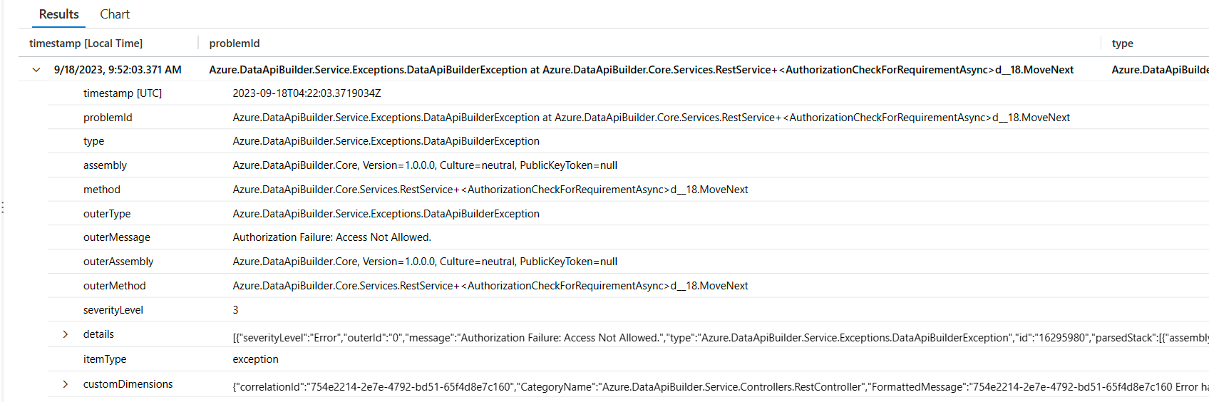 Application Insights 中数据 API 生成器异常查询结果的屏幕截图。
