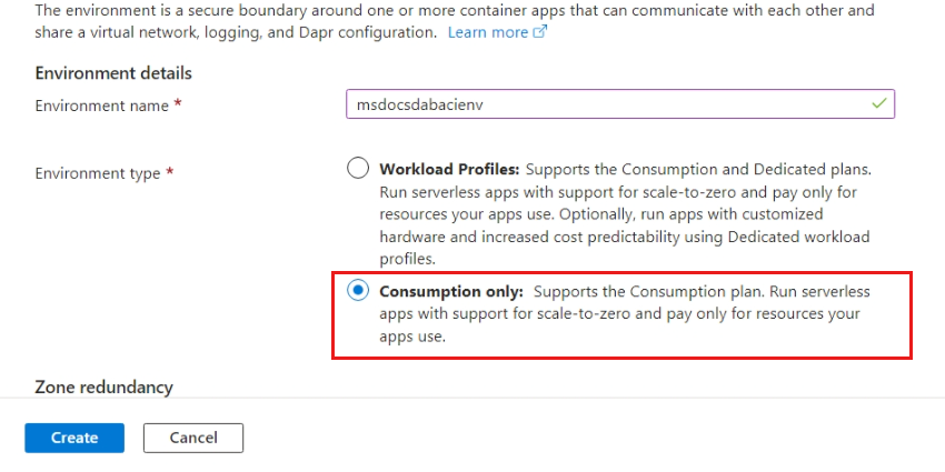 Azure 门户中“创建容器应用环境”页的“基本信息”选项卡的屏幕截图。