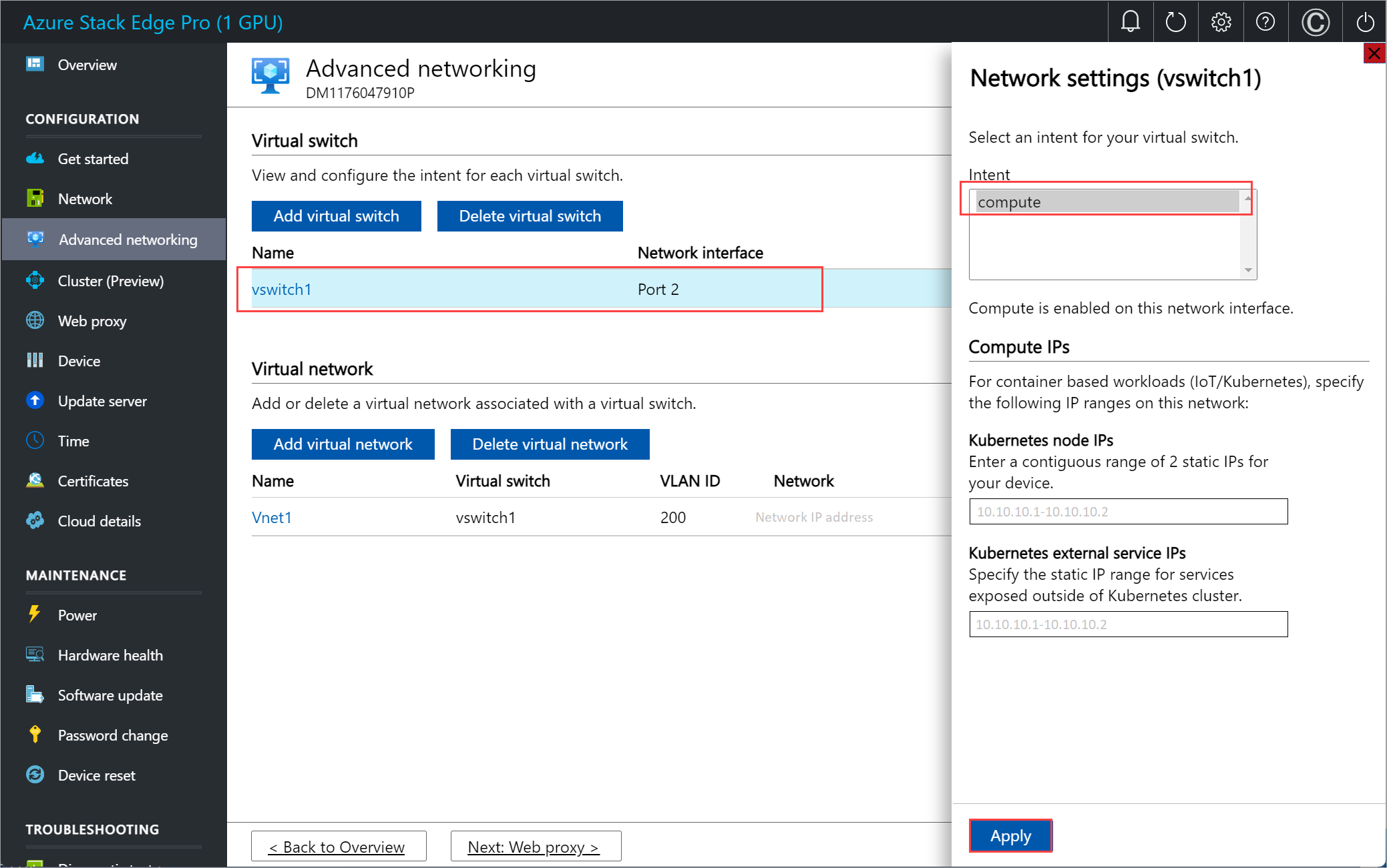 Azure Stack Edge 设备的“高级网络”窗格的屏幕截图。突出显示了端口 2 的网络设置。