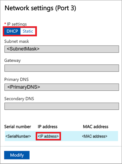 屏幕截图显示了 Azure Stack Edge 设备的本地 Web UI 中的端口 3 网络设置。