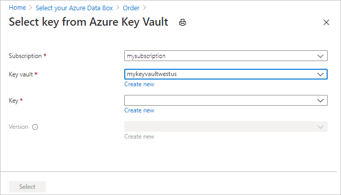 在 Data Box 导出订单的“安全”选项卡中配置现有 Azure Key Vault 设置时存在的控件的屏幕截图。