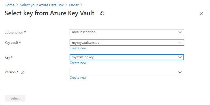 屏幕截图显示使用现有 Azure 密钥保管库，在 Data Box 导出订单的“安全性”选项卡中提供客户管理的密钥时所用的选项。