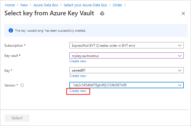 屏幕截图显示创建新 Azure Key Vault 密钥时确认消息，以便在 Data Box 导出订单的“安全”选项卡中提供客户管理的密钥。