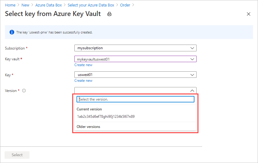 屏幕截图，确认创建新的 Azure Key Vault 密钥，用于在 Data Box 导出订单的“安全”选项卡中提供客户管理的密钥。