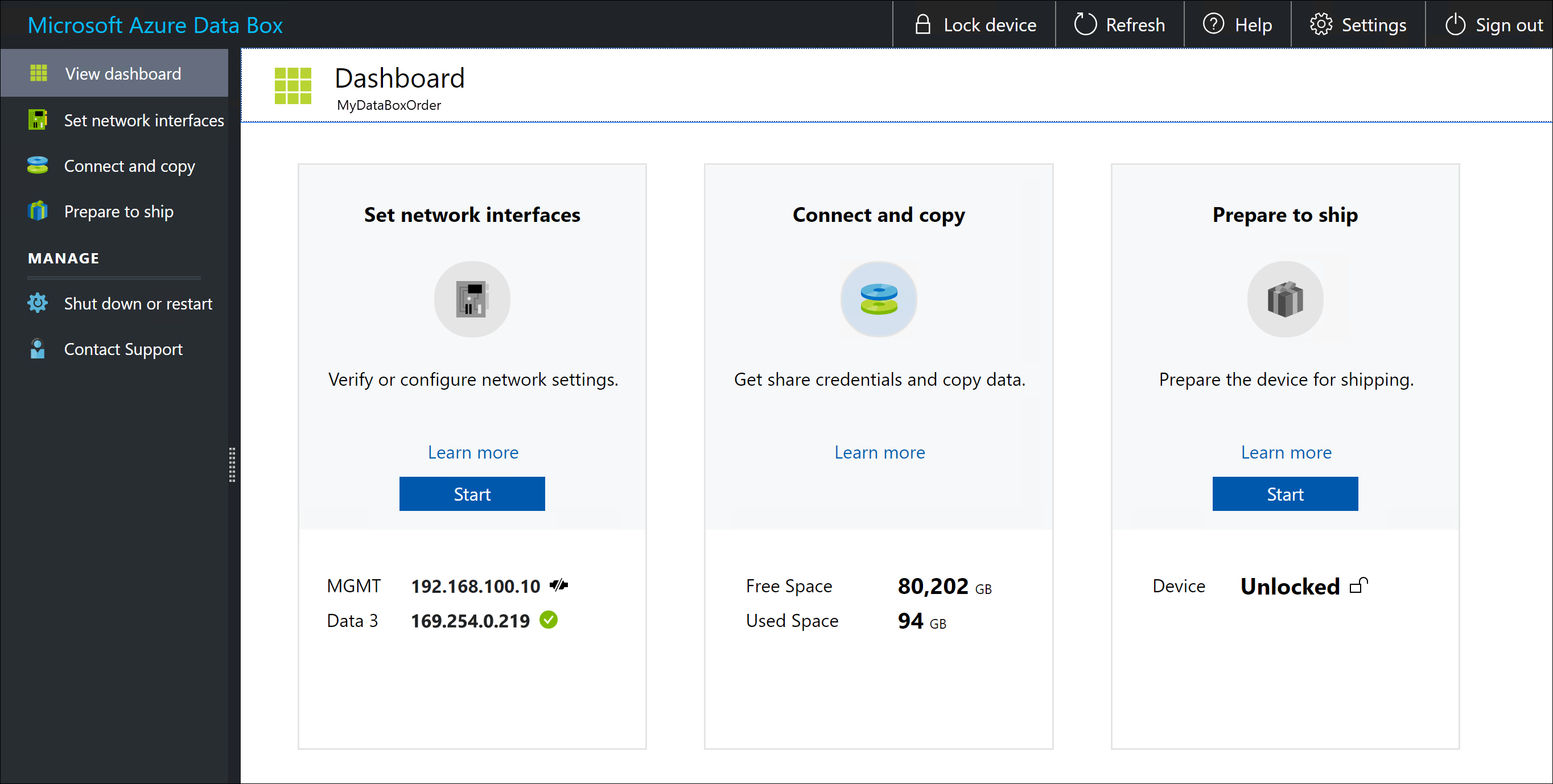 Data Box 本地 Web UI 的屏幕截图。