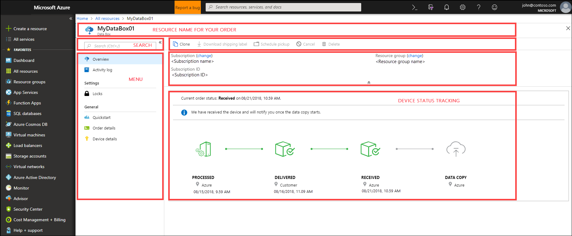 Azure 门户中 Data Box 服务的屏幕截图。