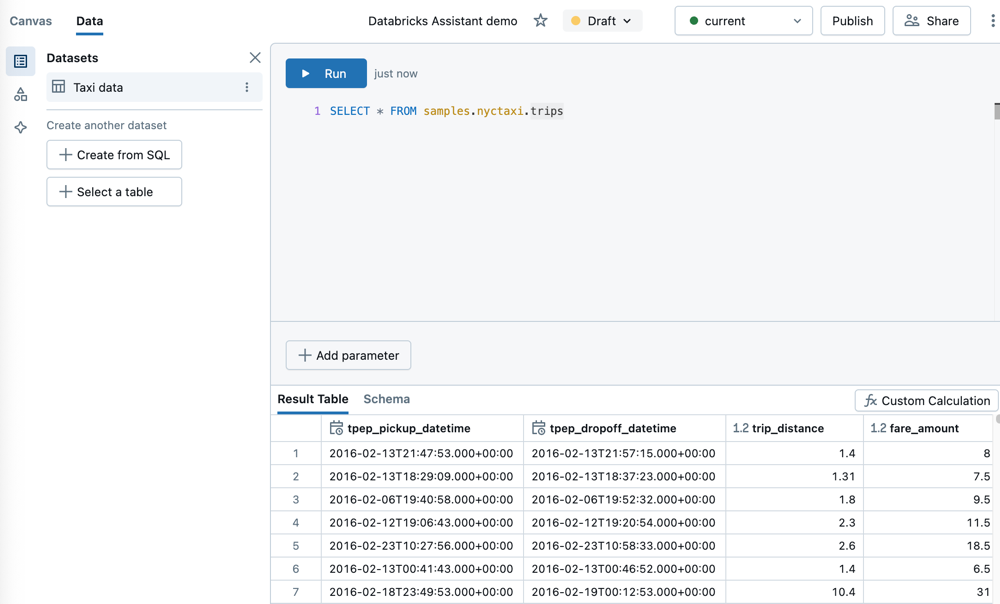 此示例中使用的数据集由示例目录上的 SQL 查询定义