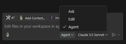 Copilot Chat 中代理模式选择的屏幕截图，其中显示了 Claude 3.5 Sonnet 模型。