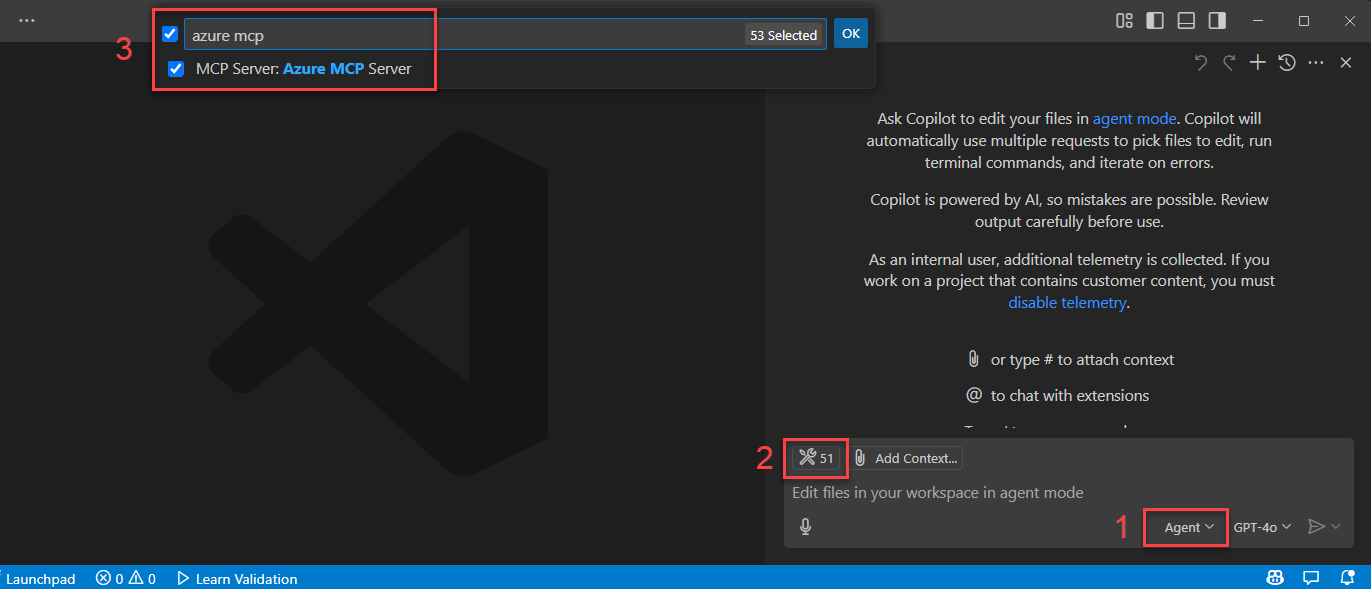 显示 Azure MCP 服务器作为 GitHub Copilot 工具的屏幕截图。