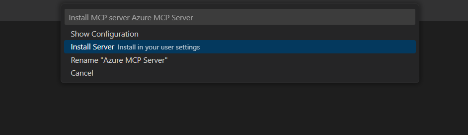 显示 Azure MCP 服务器安装选项的屏幕截图。