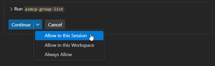 显示可用于运行 Azure MCP 服务器操作的选项的屏幕截图。