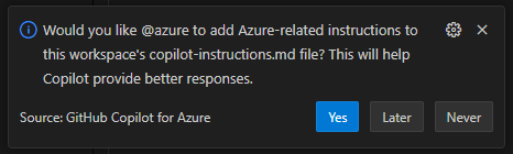 Visual Studio Code 通知的屏幕截图，用于将 Copilot 指令文件添加到工作区。