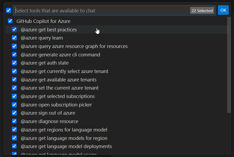Visual Studio Code 中工具列表的屏幕截图。