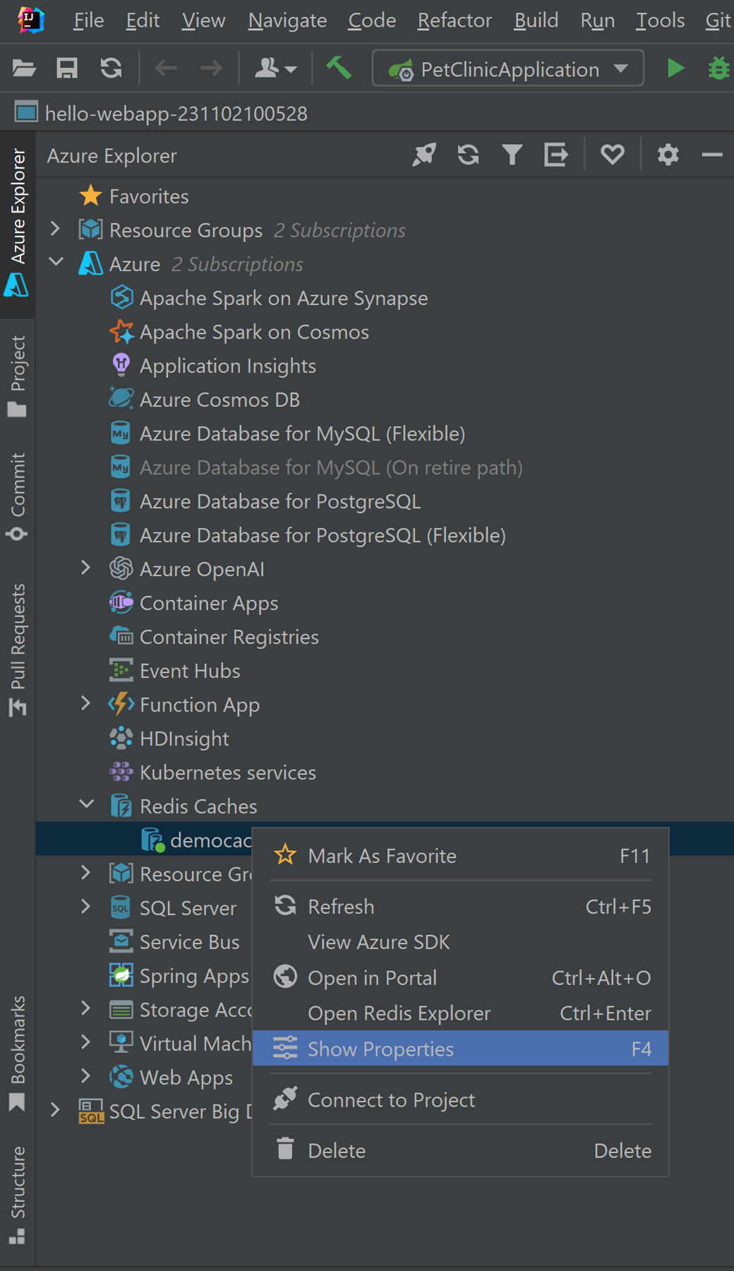 用于显示 Redis 缓存属性的 Azure 资源管理器上下文菜单