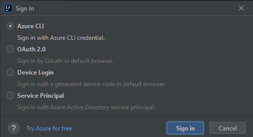 已选择 Azure CLI 的 Azure 登录窗口。