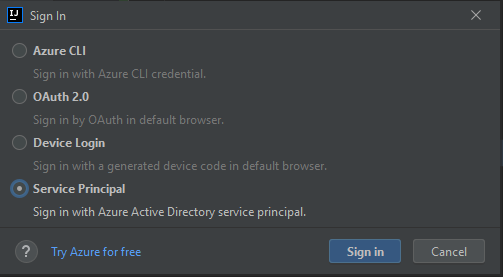 已选择服务主体的 Azure 登录窗口。