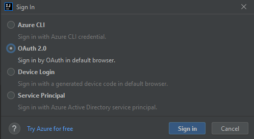 已选择 OAuth 的 Azure 登录窗口。