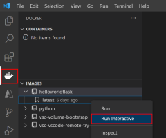 显示如何在 VS Code 中使用 Docker 扩展从 Docker 映像运行容器的屏幕截图。