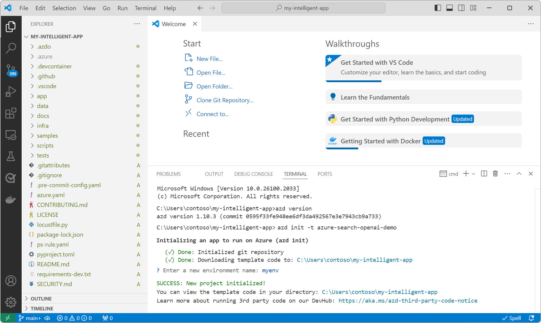 Visual Studio Code 的资源管理器视图中打开的 my-intelligent-app 项目目录的屏幕截图。
