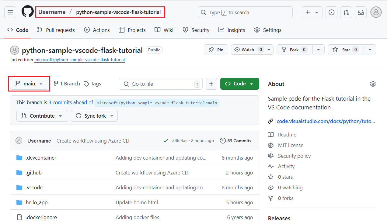 显示如何转到定义 GitHub Actions 工作流的存储库和分支的屏幕截图。