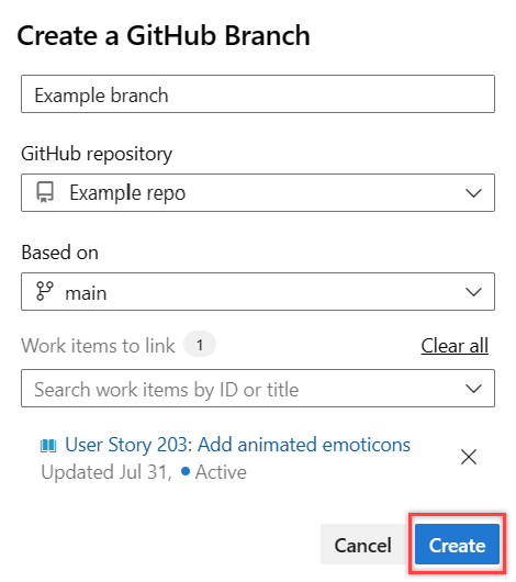 “创建 GitHub Branch”对话框的屏幕截图。