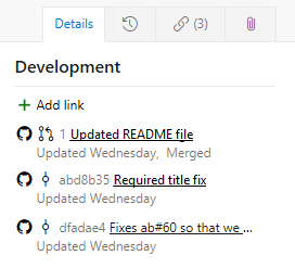 工作项表单的屏幕截图，“开发”部分显示了 GitHub 链接。