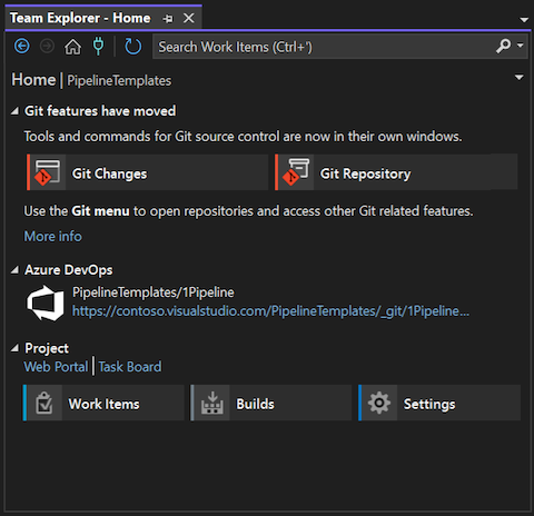 团队资源管理器主页的屏幕截图，其中显示了 Git 作为 Visual Studio 2022 中的源代码管理形式。