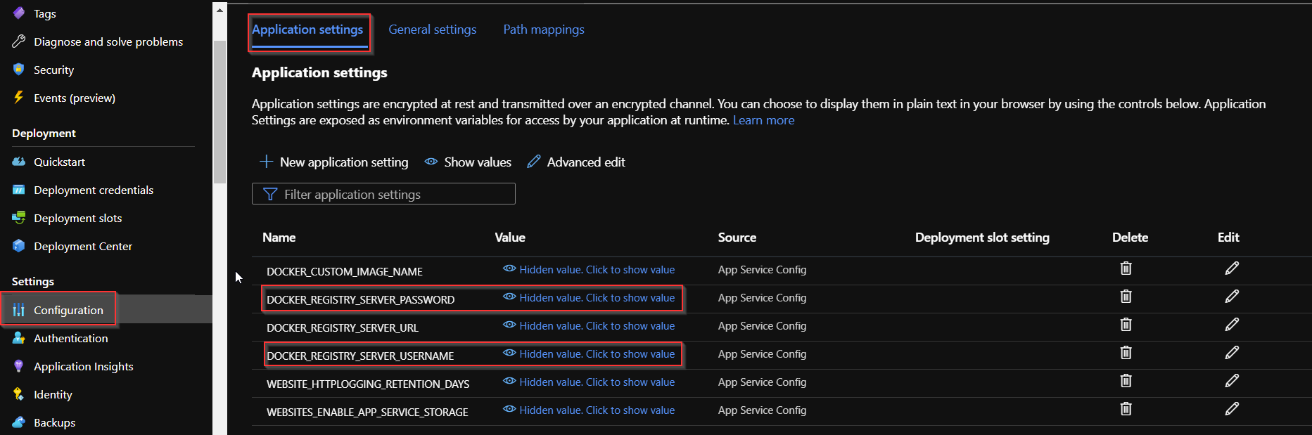 Azure 门户的屏幕截图，其中显示了如何查找 Docker 注册表凭据。