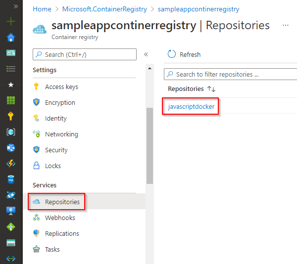 发布到 Azure 容器注册表的 Docker 映像的屏幕截图。