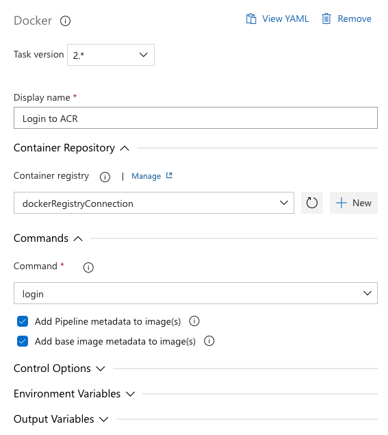 Docker 容器注册表任务登录的屏幕截图。