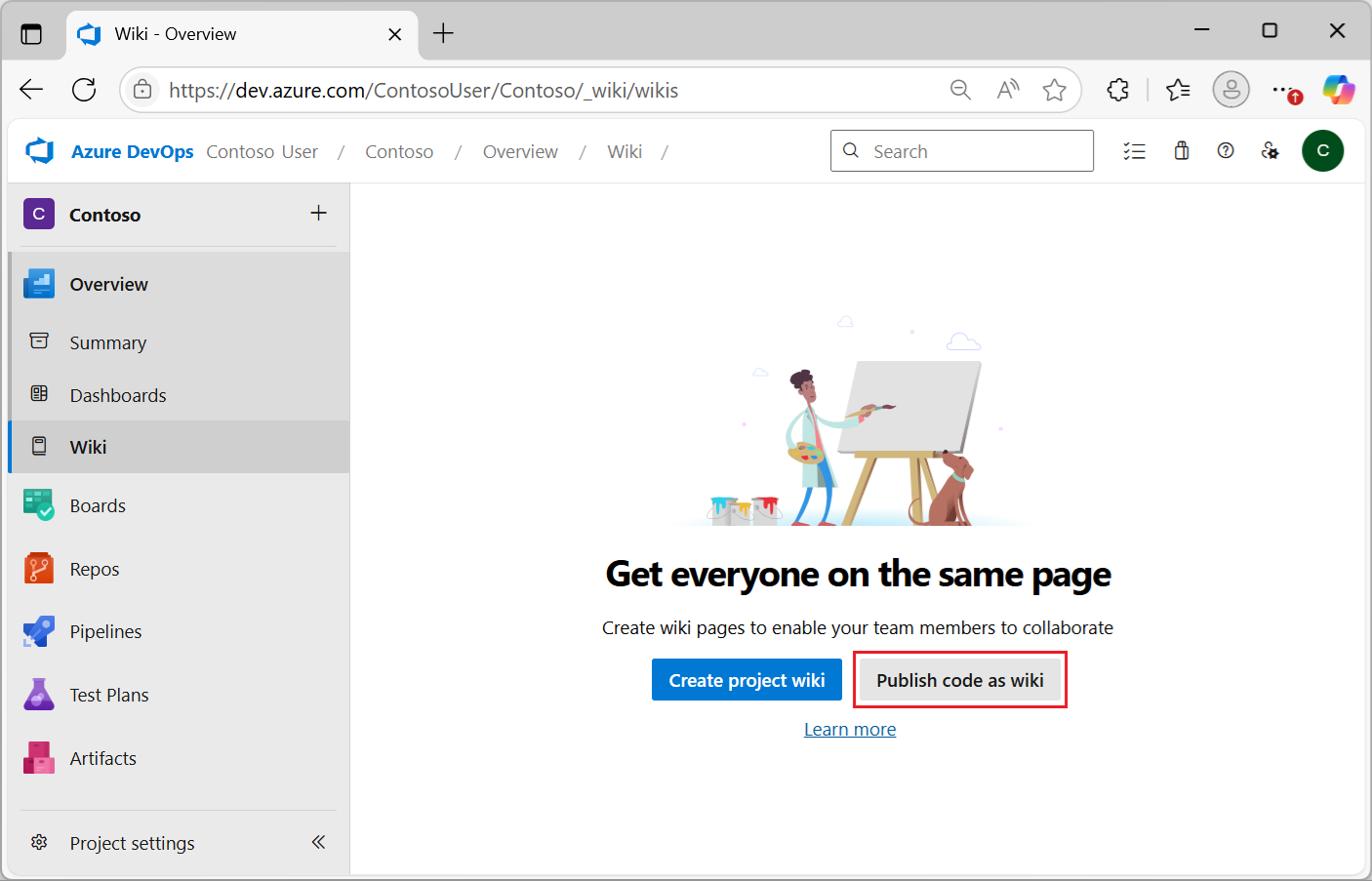 显示如何在 Azure DevOps 中选择“发布代码为 wiki”选项的屏幕截图。