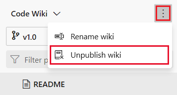 显示如何从“更多选项”下拉菜单中选择 Wiki 的“取消发布”选项的屏幕截图。