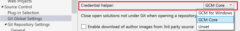 Visual Studio 的“选项”对话框中凭据帮助程序设置的屏幕截图。