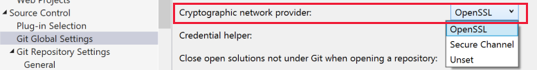 Visual Studio 中选择了 OpenSSL 的加密网络提供程序设置的屏幕截图。